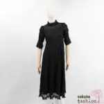Rojita Maxikleid Lang Schwarz Spitzenkleid Glitzereffekt Floral Halbarm Ärmelraffung Federbustier Kragenschleife Japan Kawaii Feminin lace long dress black