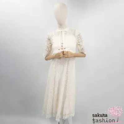 Rojita Maxikleid Lang Elfenbeinweiß Spitzenkleid Glitzereffekt Floral Halbarm Ärmelraffung Federbustier Kragenschleife Japan Kawaii Feminin lace long dress ivory