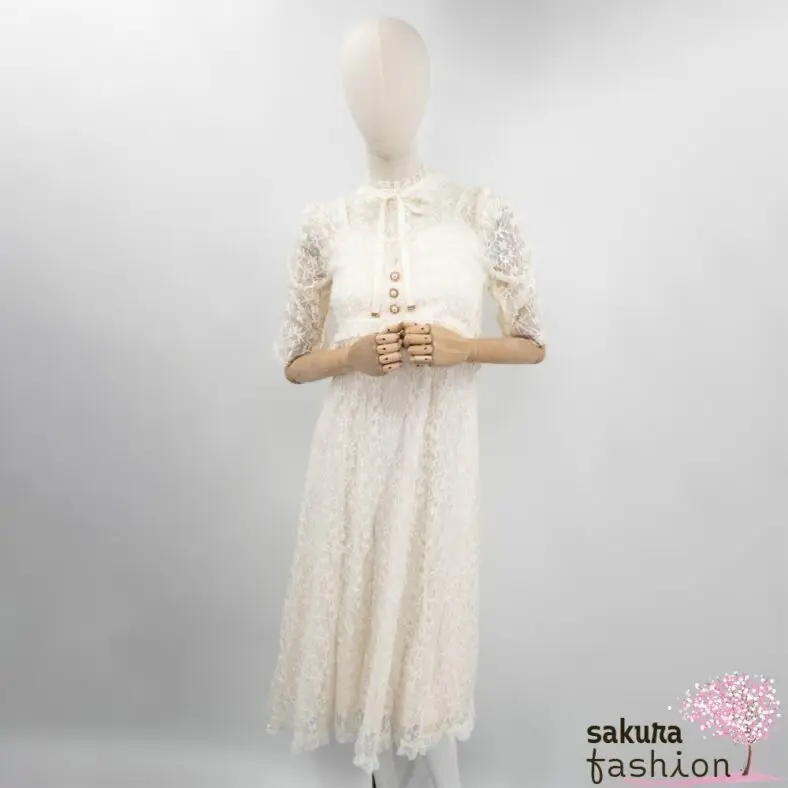 Rojita Maxikleid Lang Elfenbeinweiß Spitzenkleid Glitzereffekt Floral Halbarm Ärmelraffung Federbustier Kragenschleife Japan Kawaii Feminin lace long dress ivory