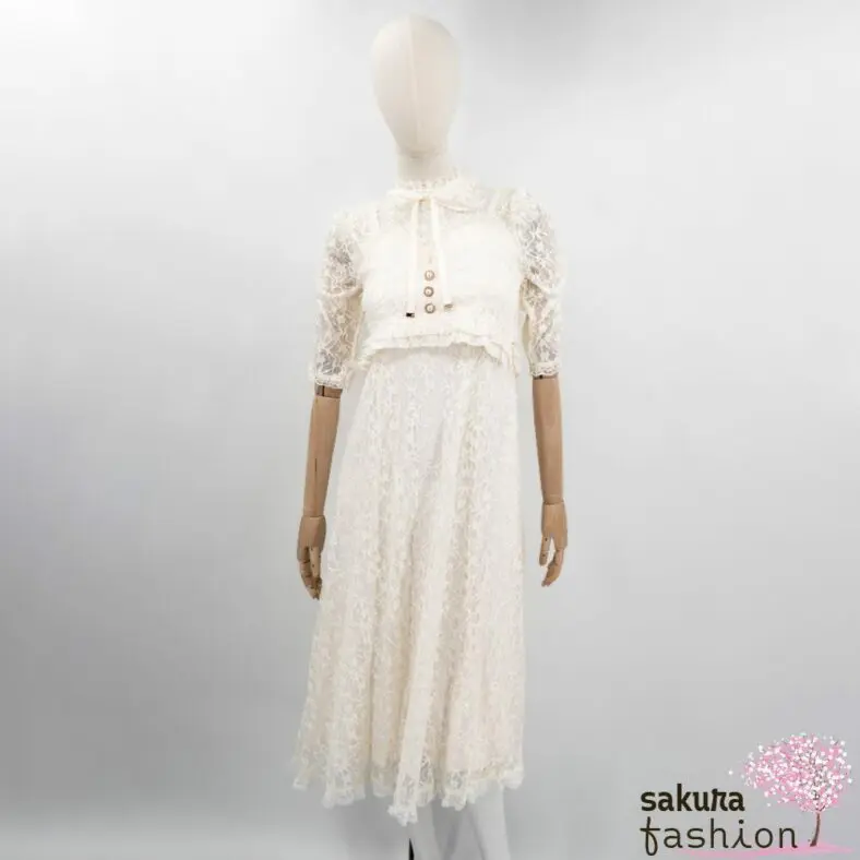 Rojita Maxikleid Lang Elfenbeinweiß Spitzenkleid Glitzereffekt Floral Halbarm Ärmelraffung Federbustier Kragenschleife Japan Kawaii Feminin lace long dress ivory