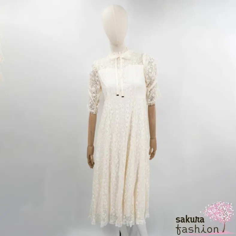 Rojita Maxikleid Lang Elfenbeinweiß Spitzenkleid Glitzereffekt Floral Halbarm Ärmelraffung Federbustier Kragenschleife Japan Kawaii Feminin lace long dress ivory