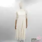 Rojita Maxikleid Lang Elfenbeinweiß Spitzenkleid Glitzereffekt Floral Halbarm Ärmelraffung Federbustier Kragenschleife Japan Kawaii Feminin lace long dress ivory