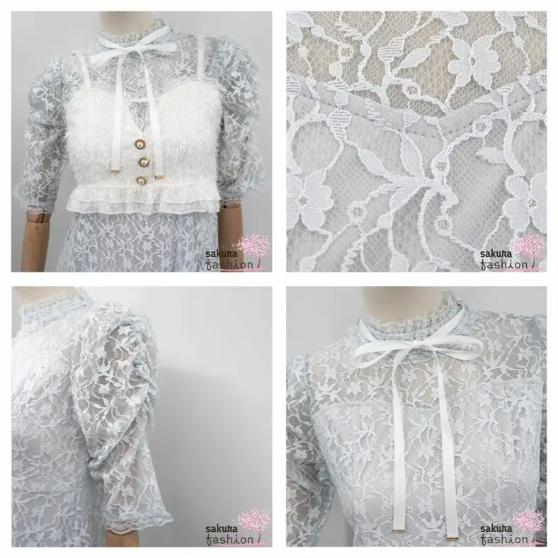 Rojita Maxikleid Lang Hellblau Spitzenkleid Glitzereffekt Floral Halbarm Ärmelraffung Federbustier Kragenschleife Japan Kawaii Feminin lace long dress saxe blue