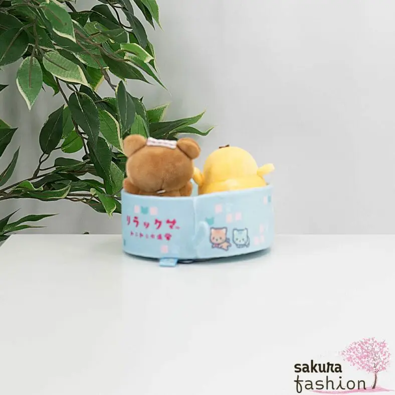 San-X Rilakkuma Stofftier Set Stoffbär Braun Rilakkuma Stoffvogelküken Gelb Kiiroitori Katzenpool Blau Sammelset Mount Fuji Japan Kawaii public bath stuffed animal set neko neko no yu