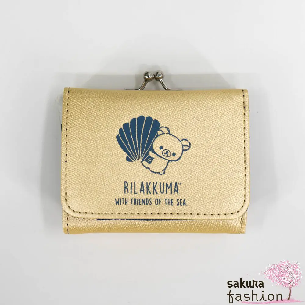 San-X Rilakkuma Dreifach faltbares Portemonnaie Gold Blau Bär Rilakkuma Muschelmotiv Münzfach Japan Kawaii tri fold wallet shell series gold
