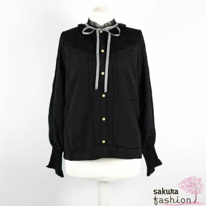 Axes Femme Bluse Schwarz Langarm Stehkragen Spitze Gepunktet Kragenband Kragenschleife Japan Kawaii lacy pearl stand collar blouse black