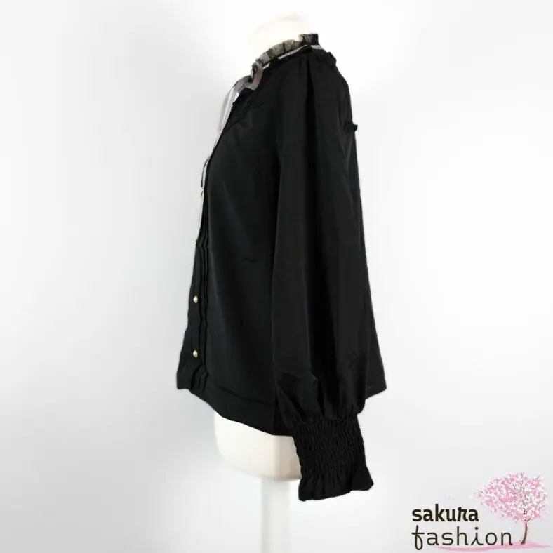 Axes Femme Bluse Schwarz Langarm Stehkragen Spitze Gepunktet Kragenband Kragenschleife Japan Kawaii lacy pearl stand collar blouse black