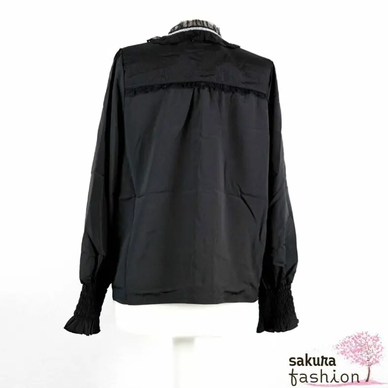 Axes Femme Bluse Schwarz Langarm Stehkragen Spitze Gepunktet Kragenband Kragenschleife Japan Kawaii lacy pearl stand collar blouse black