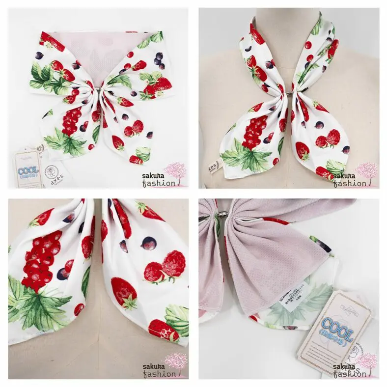 Axes Femme Kleiner Tuchschal Weiß Kühlungseffekt Früchtemuster Obstmotiv Magnetverschluss Modisch Japan Kawaii Feminin Accessoire fruits pattern cooling scarf white
