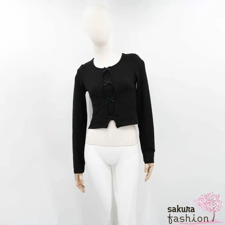 Axes Femme Set Langarmshirt Trägertop Schwarz Schleifen Basic Japan Kawaii Feminin ribbon top camisole set black