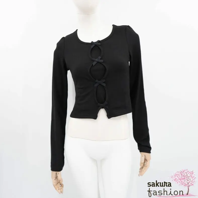 Axes Femme Set Langarmshirt Trägertop Schwarz Schleifen Basic Japan Kawaii Feminin ribbon top camisole set black