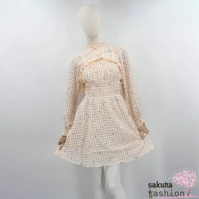 Axes Femme Set Kleid Mini Bluse Kurz Beige Kariert Karo Gingham Muster Bestickt Herzen Rüschen Japan Kawaii Feminin heart dot embroidery gingham blouse dress beige