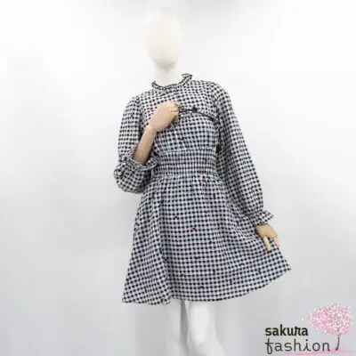 Axes Femme Set Kleid Mini Bluse Kurz Schwarz Kariert Karo Gingham Muster Bestickt Herzen Rüschen Japan Kawaii Feminin heart dot embroidery gingham blouse dress black