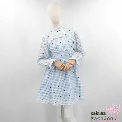 Axes Femme Set Kleid Mini Bluse Kurz Blau Kariert Karo Gingham Muster Bestickt Herzen Rüschen Japan Kawaii Feminin heart dot embroidery gingham blouse dress saxe blue