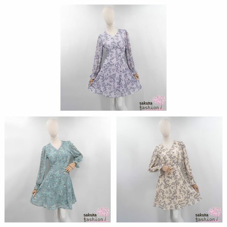 Axes Femme Kleid Minikleid Zart Grün  Creme Lavendel Floral Blumenmuster Zierknöpfe Tailliert Schnürung Langarm Kurz Leicht Luftig Japan Kawaii Feminin