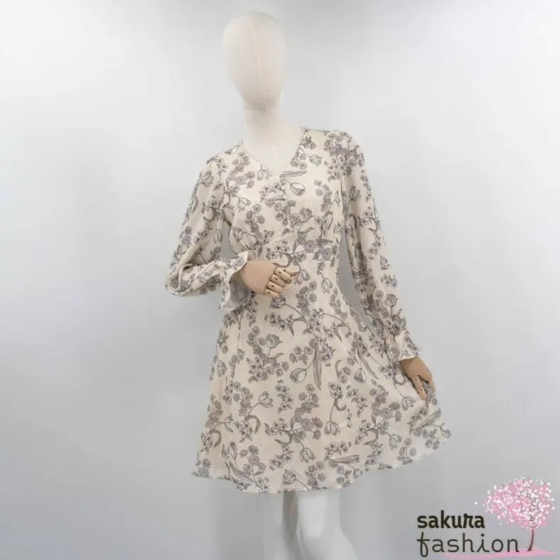 Axes Femme Kleid Minikleid Zart Creme Floral Blumenmuster Zierknöpfe Tailliert Schnürung Langarm Kurz Leicht Luftig Japan Kawaii Feminin floral sketch dress cream