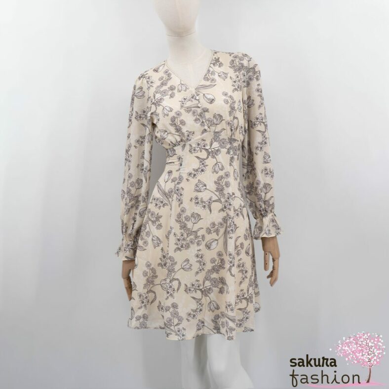 Axes Femme Kleid Minikleid Zart Grün  Creme Lavendel Floral Blumenmuster Zierknöpfe Tailliert Schnürung Langarm Kurz Leicht Luftig Japan Kawaii Feminin floral sketch dress green cream lavender