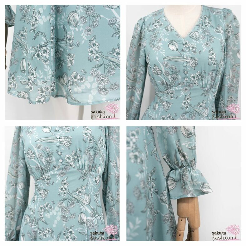 Axes Femme Kleid Minikleid Zart Grün Floral Blumenmuster Zierknöpfe Tailliert Schnürung Langarm Kurz Leicht Luftig Japan Kawaii Feminin floral sketch dress green