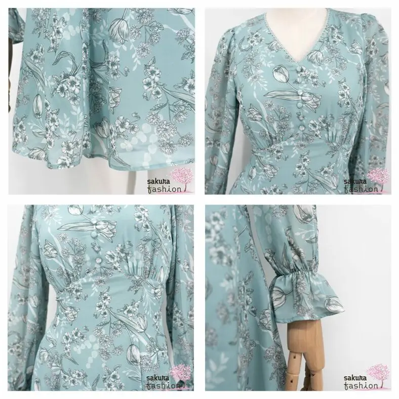 Axes Femme Kleid Minikleid Zart Grün Floral Blumenmuster Zierknöpfe Tailliert Schnürung Langarm Kurz Leicht Luftig Japan Kawaii Feminin floral sketch dress green