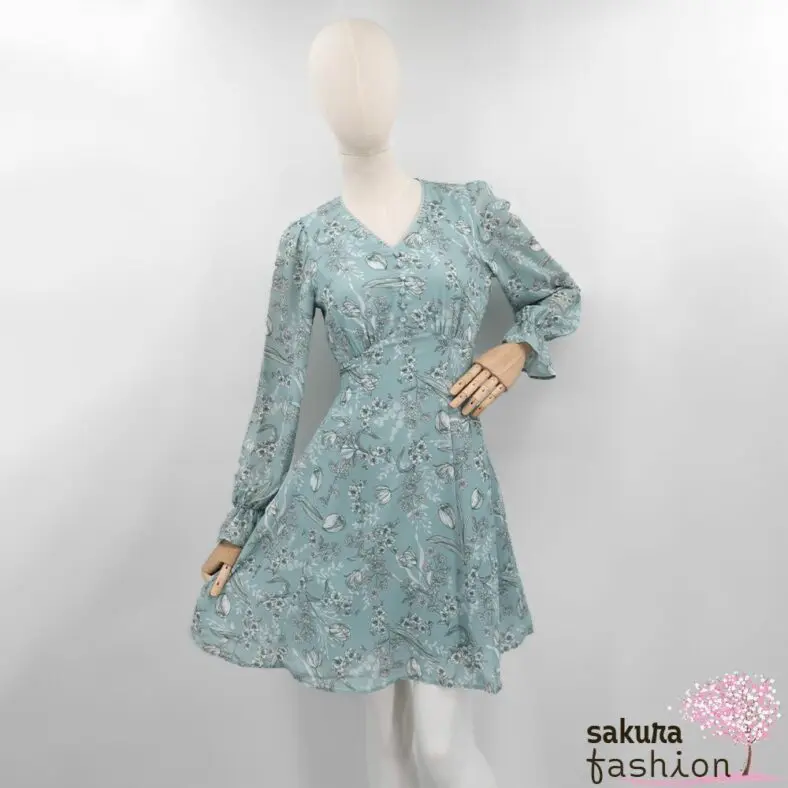 Axes Femme Kleid Minikleid Zart Grün Floral Blumenmuster Zierknöpfe Tailliert Schnürung Langarm Kurz Leicht Luftig Japan Kawaii Feminin floral sketch dress green