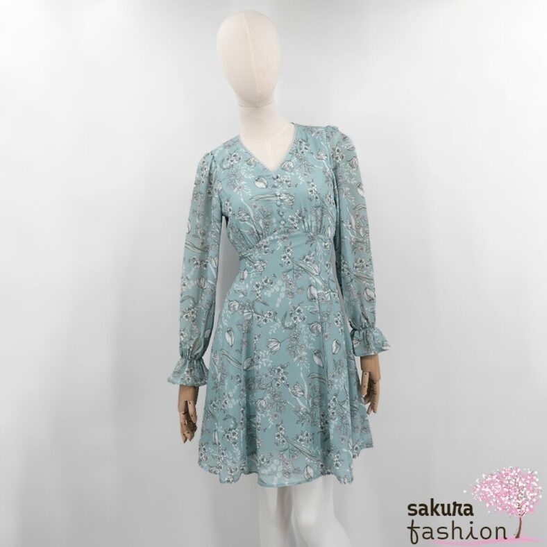 Axes Femme Kleid Minikleid Zart Grün Floral Blumenmuster Zierknöpfe Tailliert Schnürung Langarm Kurz Leicht Luftig Japan Kawaii Feminin floral sketch dress green
