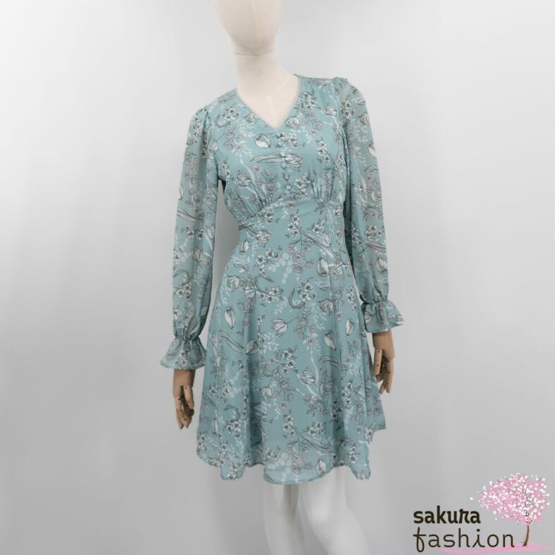 Axes Femme Kleid Minikleid Zart Grün  Creme Lavendel Floral Blumenmuster Zierknöpfe Tailliert Schnürung Langarm Kurz Leicht Luftig Japan Kawaii Feminin floral sketch dress green cream lavender