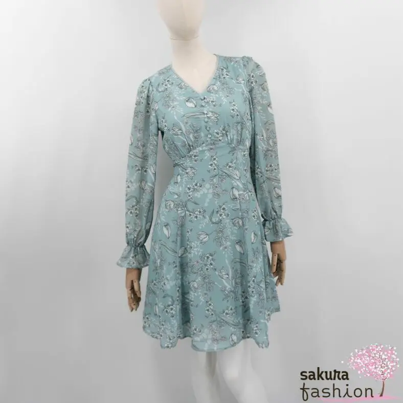 Axes Femme Kleid Minikleid Zart Grün Floral Blumenmuster Zierknöpfe Tailliert Schnürung Langarm Kurz Leicht Luftig Japan Kawaii Feminin floral sketch dress green