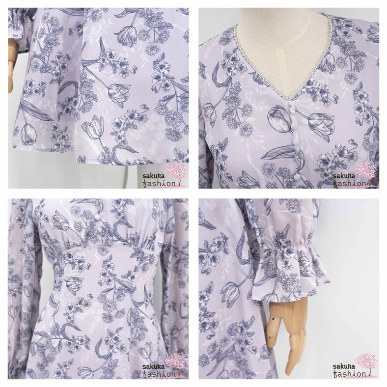 Axes Femme Kleid Minikleid Zart Lavendel Floral Blumenmuster Zierknöpfe Tailliert Schnürung Langarm Kurz Leicht Luftig Japan Kawaii Feminin floral sketch dress lavender