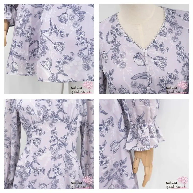 Axes Femme Kleid Minikleid Zart Lavendel Floral Blumenmuster Zierknöpfe Tailliert Schnürung Langarm Kurz Leicht Luftig Japan Kawaii Feminin floral sketch dress lavender
