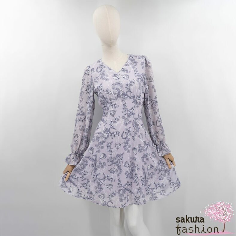 Axes Femme Kleid Minikleid Zart Lavendel Floral Blumenmuster Zierknöpfe Tailliert Schnürung Langarm Kurz Leicht Luftig Japan Kawaii Feminin floral sketch dress lavender