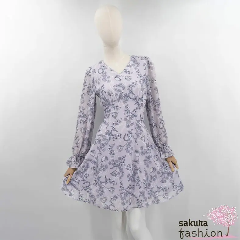 Axes Femme Kleid Minikleid Zart Lavendel Floral Blumenmuster Zierknöpfe Tailliert Schnürung Langarm Kurz Leicht Luftig Japan Kawaii Feminin floral sketch dress lavender