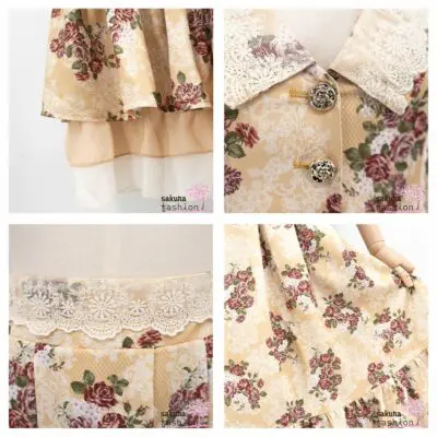 Axes Femme Set Midi Rock Weste Gelb Floral Blumenmotiv Muster Spitzendetails Weiß Schmuckknöpfe Gold Rosenknöpfe Schnürung Gerafft Japan Kawaii set-up grand bouquet pattern lace collar vest skirt yellow