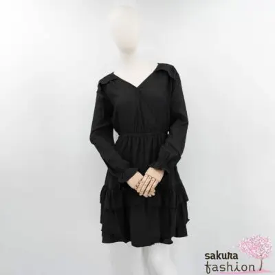 Axes Femme Tunika Kleid Schwarz Rüschen V-Ausschnitt Wickeloptik Langarm Japan Kawaii Feminin irregular hem frill tunic black