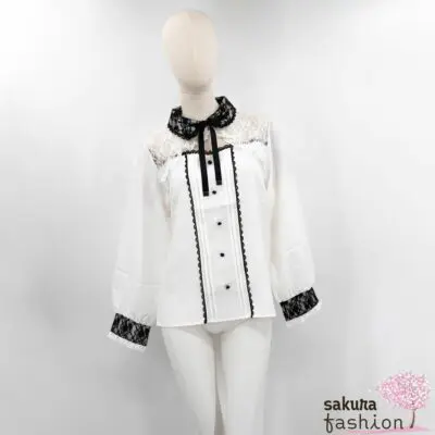 Dear My Love Whip Bluse Langarm Spitzenbolero-Design Weiß Spitze Herzausschnitt Zierknöpfe Haifischkragen Windsorkragen Kragenband Schleife Japan Kawaii frilled bolero yoke lace ribbon blouse white