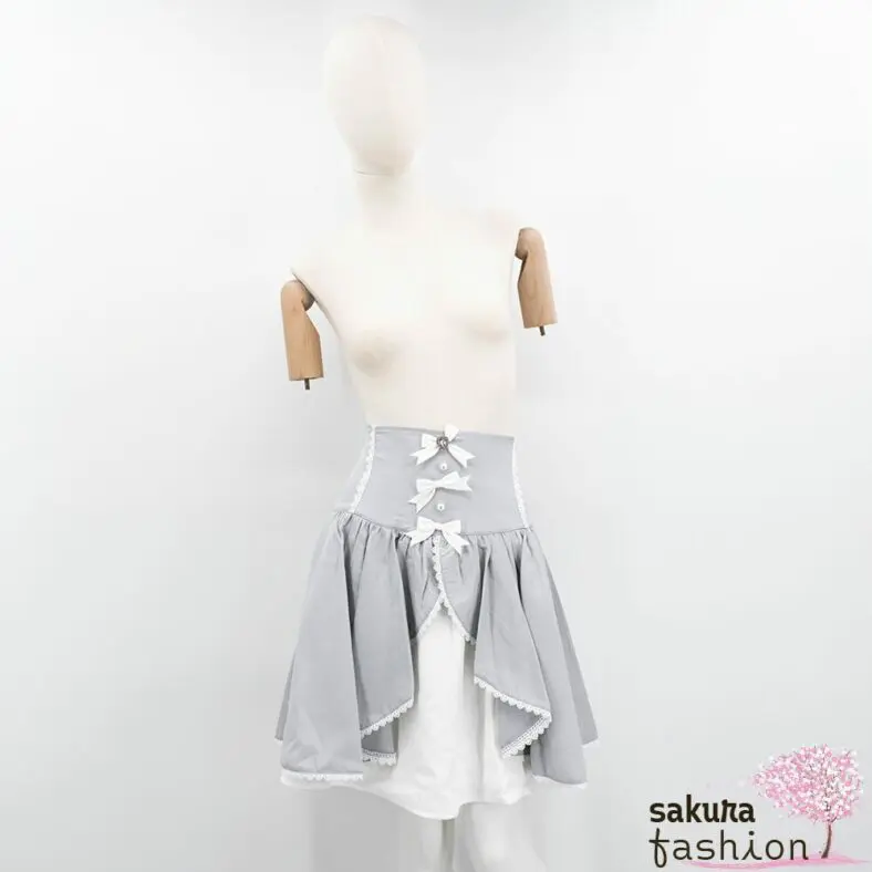 Dear My Love Whip Korsettrock Hellgrau Rüschen Schleifen Häkelborte Perlen Herzschmuckstein Mezzolänge Japan Kawaii front ruffle corset skirt light grey