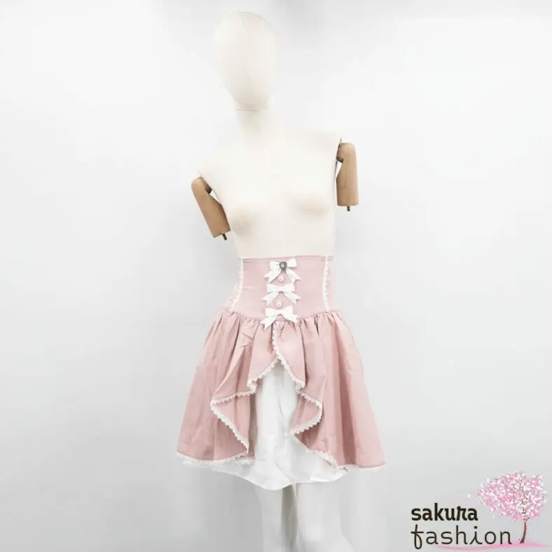 Dear My Love Whip Korsettrock Rosa Rüschen Schleifen Häkelborte Perlen Herzschmuckstein Mezzolänge Japan Kawaii front ruffle corset skirt pink