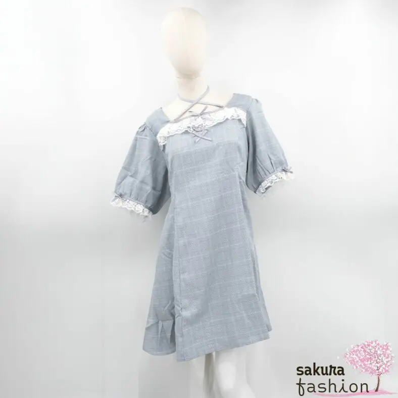 Dear My Love Whip Neckholder Kleid Kurz Minikleid Blaugrau Kariert Schleifen Spitzendetails Weiß Japan Kawaii halter-neck lace frill dress blue gray