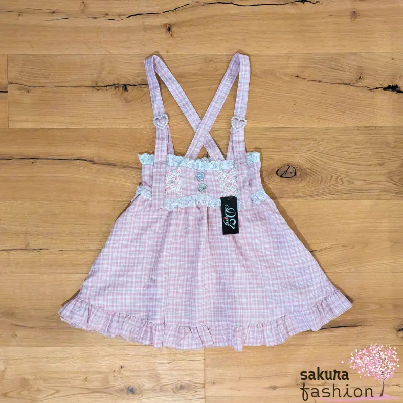 Dear My Love Rock Kariert Rosa Hosenträger Spitze Rüschen Perlen Schmucksteine Herzen Lady-Mini Japan Kawaii lace up frilled heart skirt pink