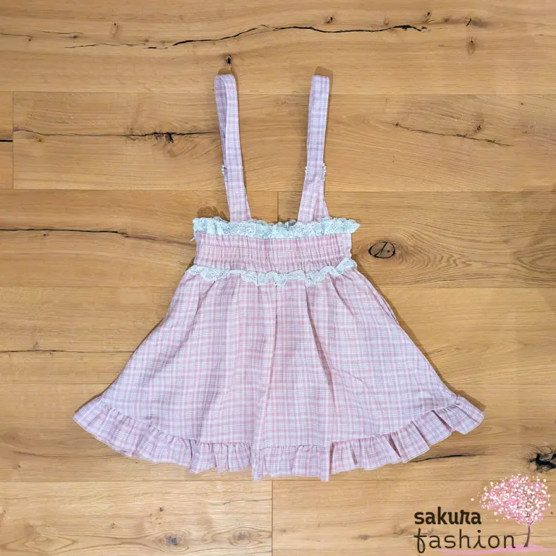 Dear My Love Rock Kariert Rosa Hosenträger Spitze Rüschen Perlen Schmucksteine Herzen Lady-Mini Japan Kawaii lace up frilled heart skirt pink