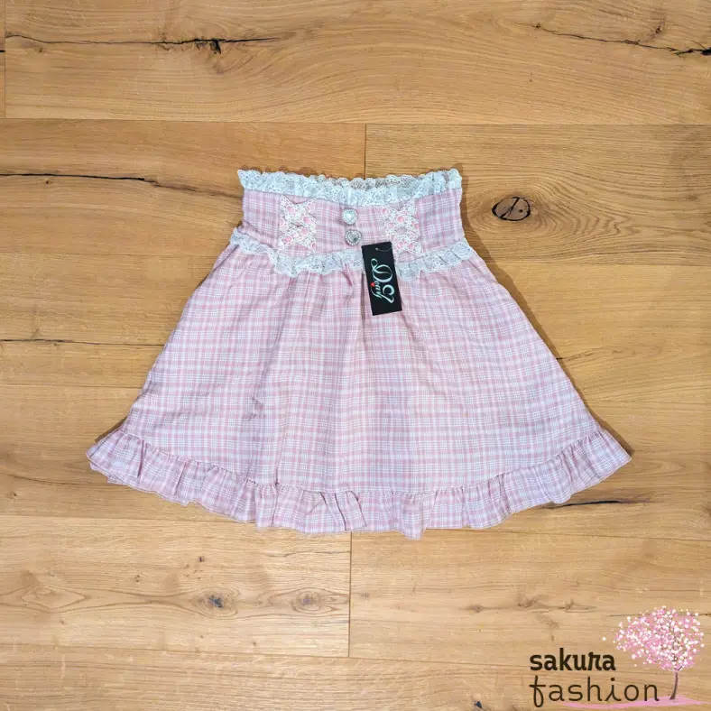 Dear My Love Rock Kariert Rosa Hosenträger Spitze Rüschen Perlen Schmucksteine Herzen Lady-Mini Japan Kawaii lace up frilled heart skirt pink